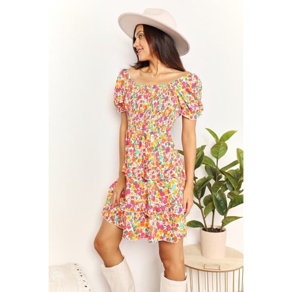 Double Take Smocked Sweetheart Neck Flounce Sleeve Mini Dress - Picture 4 of 13